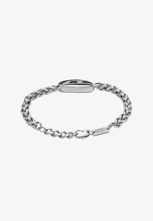 Náhrdelník ze stříbrného tónu s designem zkrouceného řetězu, s obdélníkovým černým středem a sponou s logem.