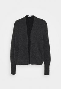 Dark gray cardigan made of soft, textured material. Open front design with long sleeves and a slightly loose fit. No fasteners visible.