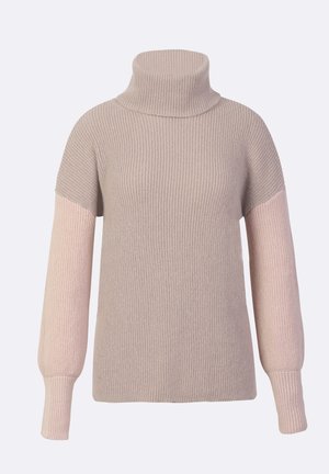 Pull en maille beige clair avec un col roulé, présentant une texture côtelée et des manches longues, l'un dans une teinte rose doux. Design décontracté, sans motifs.