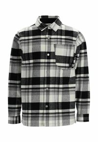 Chemise en flanelle à carreaux noirs, blancs et gris, manches longues, boutonnage sur le devant, poche poitrine unique et col classique.