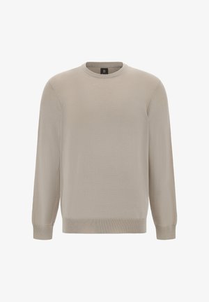 Beżowy sweter z okrągłym dekoltem, wykonany z miękkiej dzianiny, z długimi rękawami oraz ściągaczami przy mankietach i u dołu. Gładka faktura z minimalnymi detalami.