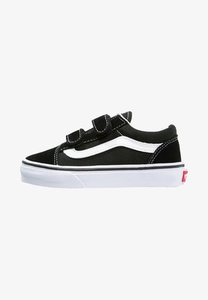 Sneakers neri in tela con accenti bianchi, cinturini in velcro e punta arrotondata. Presentano una suola in gomma bianca e cuciture nere a contrasto.