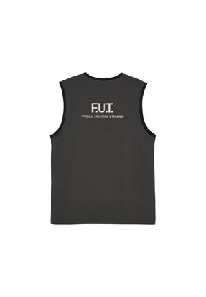 Czarna sportowa kamizelka bez rękawów z białym napisem „F.U.T. Physical Education & Training” na plecach oraz czarną lamówką wokół otworów na ramiona i szyi.
