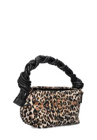 Leopard print handbag with a black twisted handle, made from soft fabric with a smooth texture and a zippered top opening.