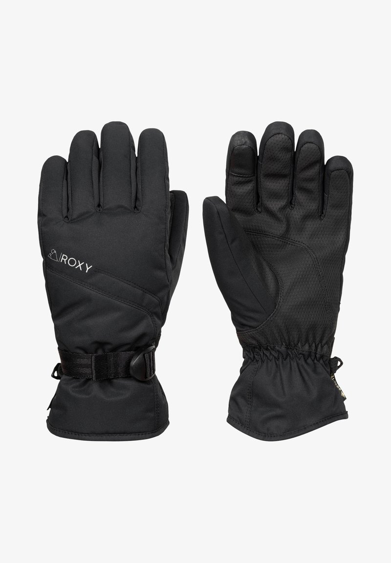 Schwarze isolierte Handschuhe mit einer strukturierten Handfläche, elastischen Bündchen und verstellbarem Handgelenkgurt. Mit einem Logo auf der Rückseite.