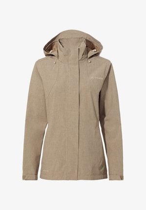 Beige waterdichte jas met verstelbare capuchon, rits aan de voorkant en twee zijzakken; textuurstof met een subtiel patroon; logo op de borst.