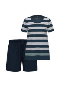 Raidallinen t-paita pyöreällä kauluksella, harmaan ja laivastonsinisen värisenä, yhdistettynä sopiviin laivastonsinisiin shortseihin, joissa on joustava vyötärö ja naru.