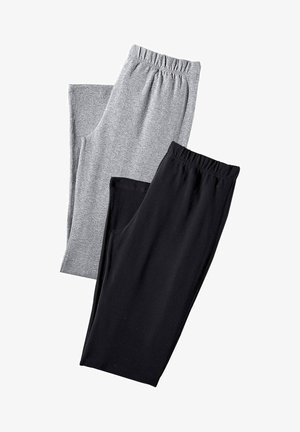 Twee paren leggings met een elastische tailleband: één grijs, één zwart. Ze hebben een gladde textuur en een strakke pasvorm, geschikt voor casual wear.