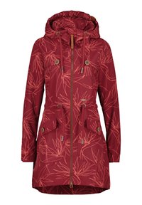 Giacca impermeabile rossa con cappuccio, due tasche frontali e vita regolabile con cordino. Presenta un motivo floreale in una tonalità più chiara. Chiusura con zip.