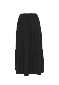 Gonna longuette nera a strati, con vita elasticizzata, tessuto di cotone morbido e una silhouette fluida con tre strati arricciati.