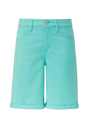 Tyrkysové denimové šortky s klasickým strihom, vytretými okrajmi, prednými vreckami a uzatváraním na zips vpredu. Vyrobené z hladkej, ľahkej látky.