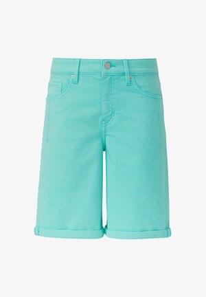 Turquoise denim shorts with a classic cut, rolled hem, front pockets, and a front zip closure. Made from a smooth, lightweight fabric.
