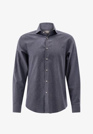 Knopfhemd mit langen Ärmeln für Herren in meliertem Dunkelgrau, mit klassischem Kragen und weißen Knöpfen auf der Vorderseite.