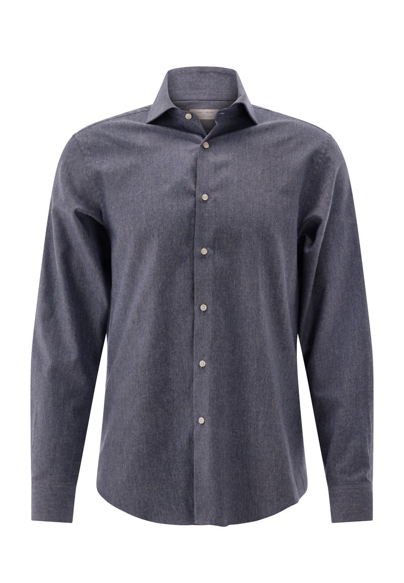 Knopfhemd mit langen Ärmeln für Herren in meliertem Dunkelgrau, mit klassischem Kragen und weißen Knöpfen auf der Vorderseite.