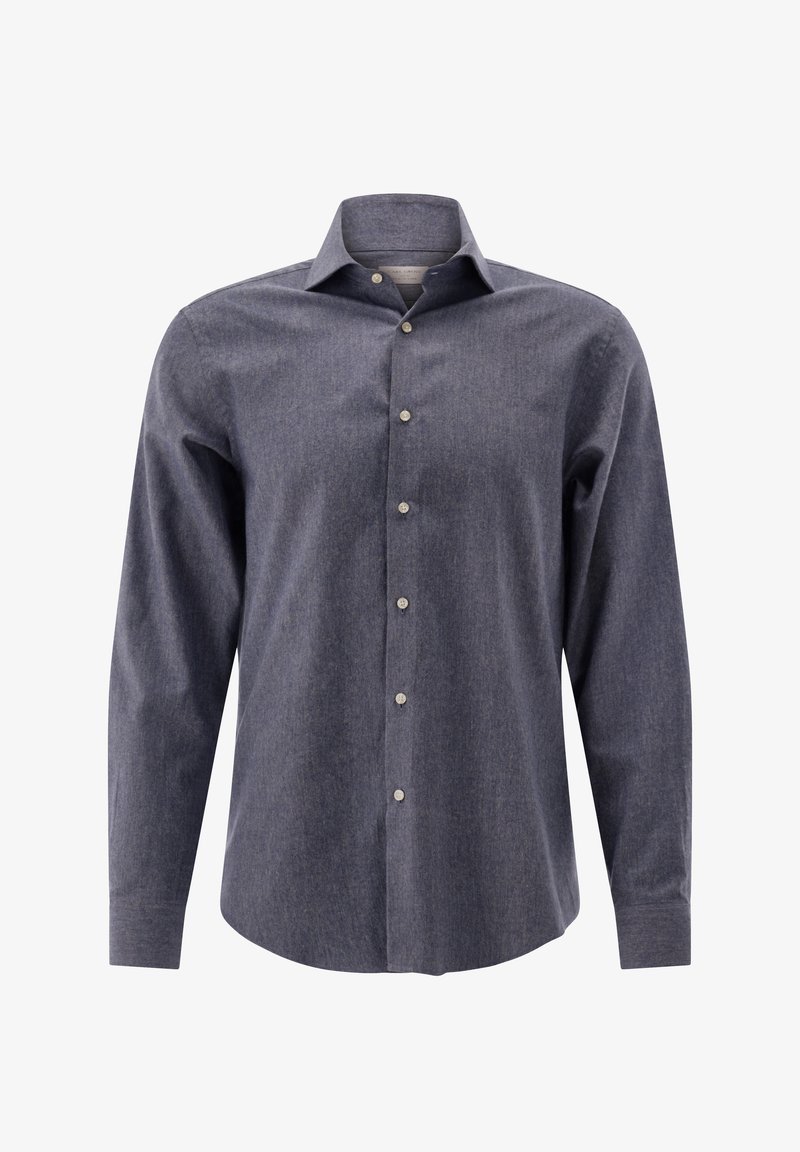 Knopfhemd mit langen Ärmeln für Herren in meliertem Dunkelgrau, mit klassischem Kragen und weißen Knöpfen auf der Vorderseite.