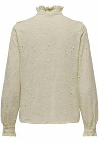 Lichtbeige blouse met bloemgeborduurde details, lange mouwen, gerimpelde kraag en manchetten met plooien. Bevat gaatjesdetails door de stof.
