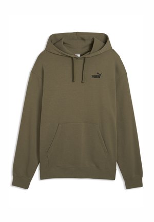 Sweat à capuche vert olive avec poche kangourou à l'avant, capuche avec cordon, poignets côtelés et petit logo Puma noir sur la poitrine gauche.