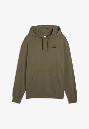Olivgrüner Hoodie mit Fronttasche, Kordelzugkapuze, gerippten Bündchen und kleinem schwarzem Puma-Logo auf der linken Brust.
