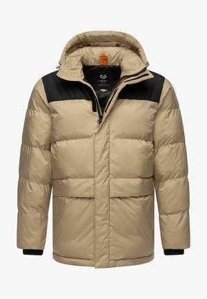 Bežna puffer jakna z črnim zgornjim panelom, zadrgo, elastičnimi manšetami in dvema sprednjima žepoma. Ima odstranljiv kapuco in oranžan poudarek.