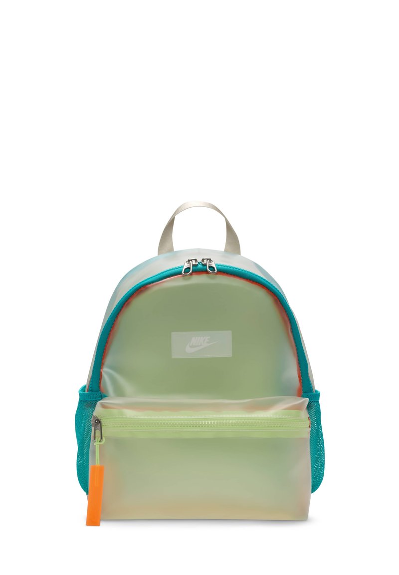 Nike mini reppu läpinäkyvässä vihreässä ja sinisessä, jossa on etutasku vetoketjulla, verkkosivut ja oranssi vetoketjun kahva. Hopeinen logo-merkki esillä.