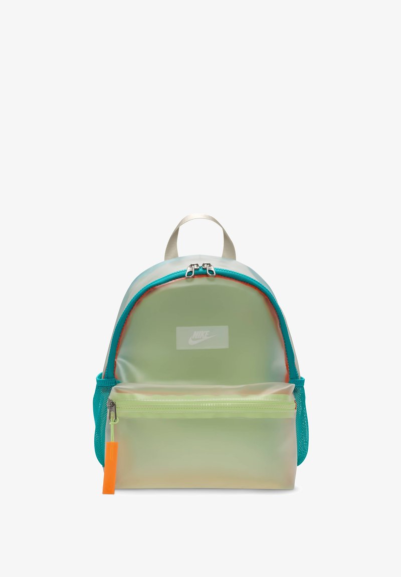 Nike mini reppu läpinäkyvässä vihreässä ja sinisessä, jossa on etutasku vetoketjulla, verkkosivut ja oranssi vetoketjun kahva. Hopeinen logo-merkki esillä.