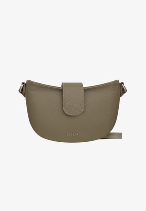 Mała torebka na ramię z taupe skórą, o zakrzywionym kształcie, z przeszywanym zamknięciem na klapę, regulowanym paskiem oraz srebrnym logo "RYŁKO" na froncie.