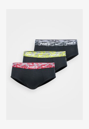 Trijų porų "Nike" boxer šortų rinkinys juodos spalvos. Kiekviena pora turi skirtingos spalvos raštuotą liemeniuką: pilką, geltoną ir raudoną.