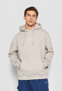 Haut à capuche gris clair en matériau doux, avec une poche avant, des cordons de serrage et un logo blanc sur la poitrine. Coupe décontractée avec des poignets côtelés.