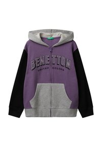 Paarse, zwarte en grijze zip-up hoodie met de tekst "BENETTON UNITED COLORS" en frontale buidelzakken.