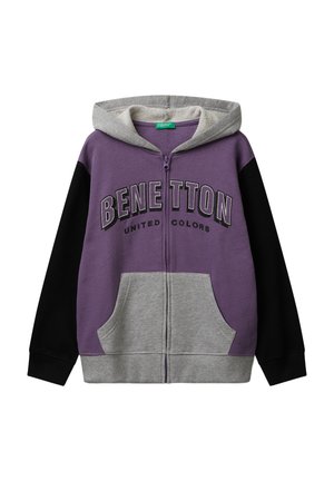 Lila, schwarz und grau zip-up Kapuzenpullover mit dem Text "BENETTON UNITED COLORS" und vorderen Kängurutaschen.