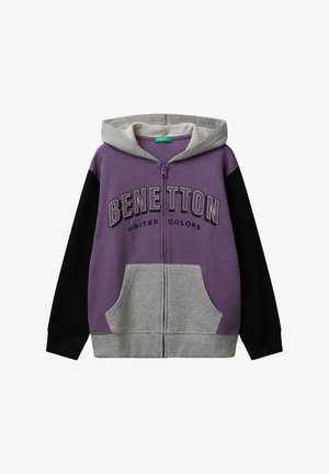 Lila, schwarz und grau zip-up Kapuzenpullover mit dem Text "BENETTON UNITED COLORS" und vorderen Kängurutaschen.