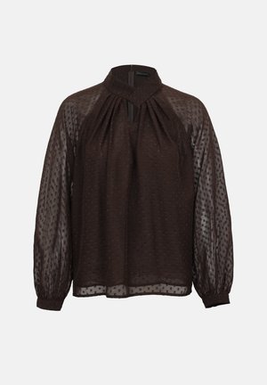 Tmavohnedá priehľadná blúzka s dlhými rukávmi, zvýraznená štruktúrou s bodkami, zošívaným výstrihom s otvorom a elastickými manžetami.