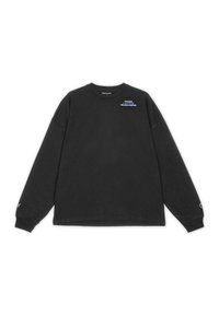Black long-sleeve sweatshirt made of cotton. Features a crew neck, oversized fit, front chest print, and logo accent on the sleeve.