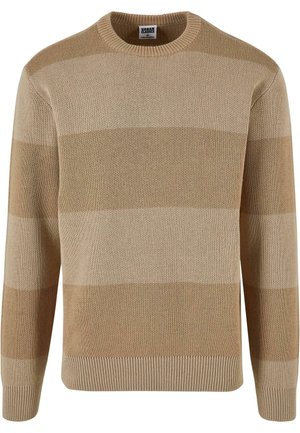 Beżowy sweter w paski wykonany z teksturowanego dzianinowego materiału. Posiada okrągły dekolt i ściągacze przy mankietach. Paski przeplatają się między jasnym a ciemnym beżem.