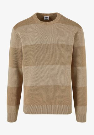 Beige gestreifter Pullover aus strukturiertem Strickmaterial. Verfügt über einen Rundhalsausschnitt und gerippte Bündchen. Die Streifen wechseln sich zwischen hellbeige und dunkelbeige ab.