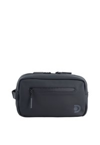 Bolsa negra con cremallera hecha de material sintético suave, con un bolsillo frontal y un logo impreso en gris en el lateral.