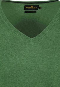 Green cotton sweater with a V-neck design and ribbed trim. The texture appears smooth and soft, featuring a simple, solid color pattern.