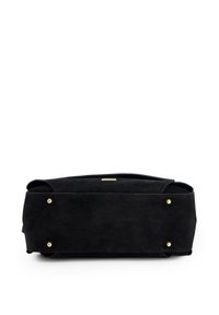 Sac à main en suede noir de forme rectangulaire, doté de clous dorés sur le fond et d'une plaque logo discrète le long du bord supérieur.