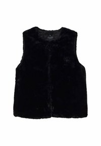 Zwart faux fur mouwloos vest, zachte textuur, open voorkant ontwerp, zonder sluitingen, ronde hals en gladde binnenvoering.
