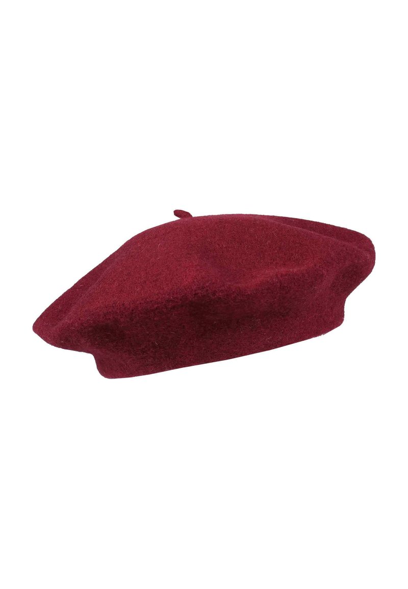 Bordeaux wollen baret met een ronde vorm, zachte textuur en een klein lusje aan de bovenkant. Ontworpen voor een snug fit op het hoofd.