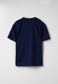 Navy blue short-sleeve t-shirt made from soft fabric. Round neck, smooth texture, no patterns or accents visible, plain back design.