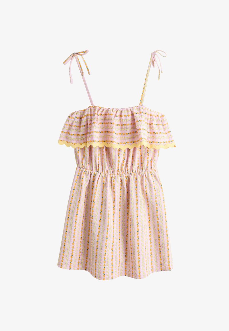 Rózsaszín ruha vállaktól szabott fodorral, állítható pántokkal, elasztikus derékpánttal, és sárga-zöld függőleges vonalú mintával.