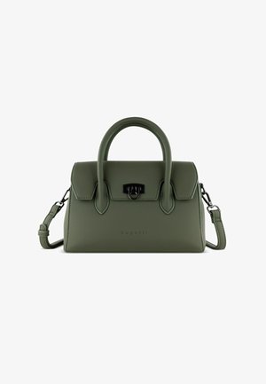 Groene handtas van getextureerd leer met twee korte handvatten, een afneembare riem en een sluiting van zwarte hardware. Logo gegraveerd aan de voorkant.