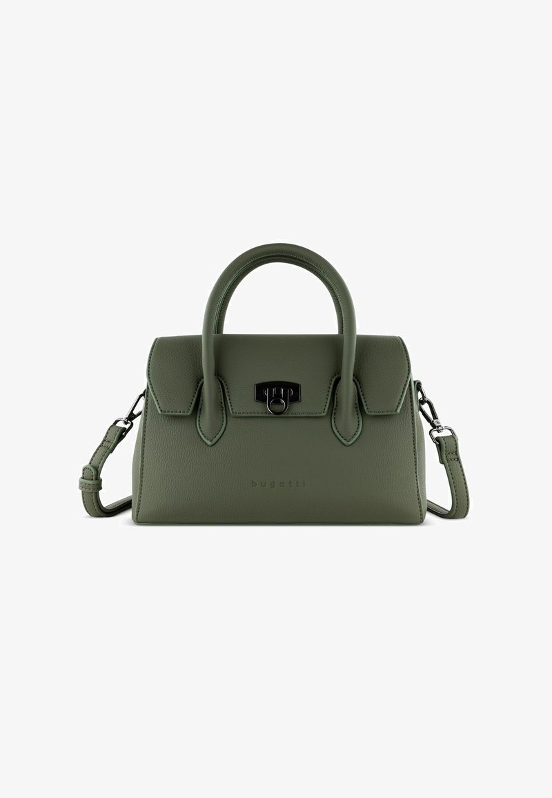 Bolso de mano de cuero verde texturizado con dos asas cortas, una correa desmontable y un cierre de herrajes negros. Logo en relieve en la parte frontal.