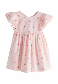 Rozā kokvilnas kleita ar īsām, viegli plandošām piedurknēm, ar ziedu rakstu, kurā redzami rozā ziedi un lentītes, savilktā jostas vietā un V veida kakla izgriezums.