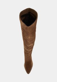 Bottes en suédine marron au-dessus du genou avec un bout pointu, une texture lisse et une silhouette élégante, dotées d'une large ouverture en haut.