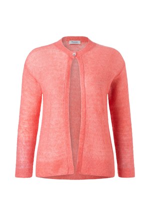 Coral pink lightweight knit cardigan with long sleeves, round neckline, and a single button closure at the top front.
