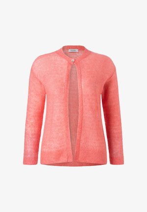 Coral pink lightweight knit cardigan with long sleeves, round neckline, and a single button closure at the top front.
