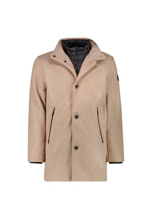 Beige jas met een gestructureerde afwerking, zwarte gewatteerde binnenvoering, sluiting met knopen aan de voorkant, twee ritssluitingen aan de zijkanten en een ingeklapte kraag.