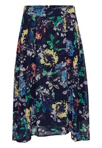 Blommig midikjol i navy, med livliga flerfärgade blommönster, lättviktsmaterial, plisserad design och dragkedjestängning bak.